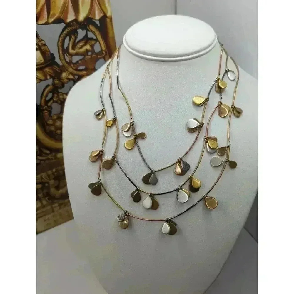 NEW Chicos Multi Strand Necklace Mixed Metal Leaf Shaped Pendants Womens